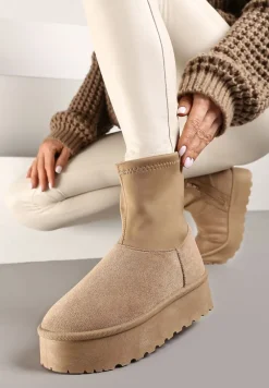 Ciemnobeżowe Śniegowce na Platformie z Elastyczną Cholewką Linnastra