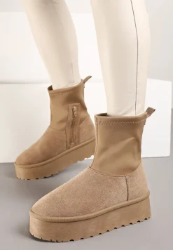 Ciemnobeżowe Śniegowce na Platformie z Elastyczną Cholewką Linnastra