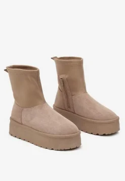 Ciemnobeżowe Śniegowce na Platformie z Elastyczną Cholewką Linnastra