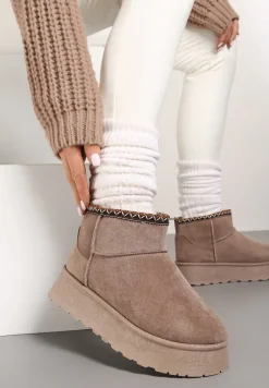 Ciemnobeżowe Śniegowce na Platformie Ozdobione Haftem Deccaria