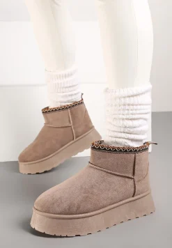 Ciemnobeżowe Śniegowce na Platformie Ozdobione Haftem Deccaria