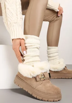 Ciemnobeżowe Śniegowce na Platformie z Metaliczną Ozdobą i Futerkiem Mazizia