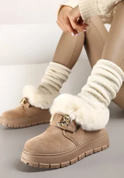 Ciemnobeżowe Śniegowce na Platformie z Metaliczną Ozdobą i Futerkiem Mazizia