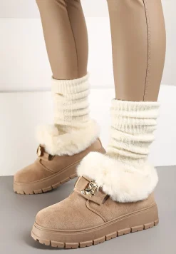 Ciemnobeżowe Śniegowce na Platformie z Metaliczną Ozdobą i Futerkiem Mazizia