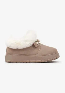 Ciemnobeżowe Śniegowce na Platformie z Metaliczną Ozdobą i Futerkiem Mazizia