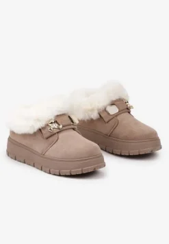 Ciemnobeżowe Śniegowce na Platformie z Metaliczną Ozdobą i Futerkiem Mazizia