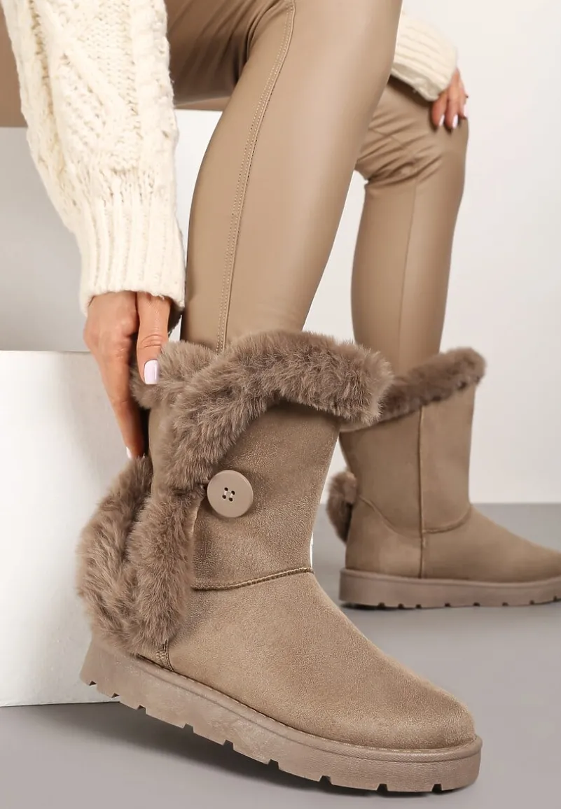 Ciemnobeżowe Śniegowce na Płaskiej Podeszwie z Futerkiem Seanira