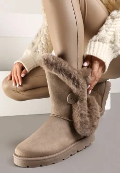 Ciemnobeżowe Śniegowce na Płaskiej Podeszwie z Futerkiem Seanira