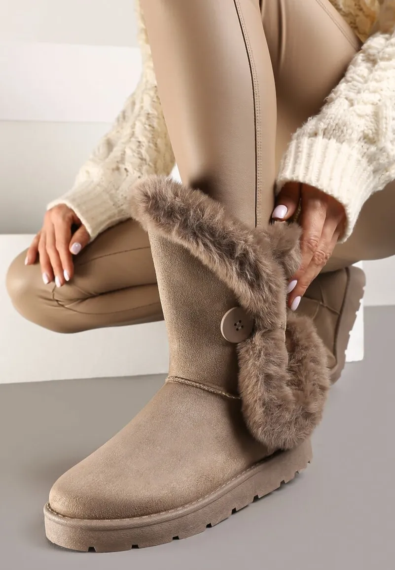 Ciemnobeżowe Śniegowce na Płaskiej Podeszwie z Futerkiem Seanira