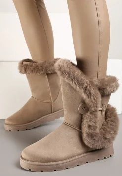 Ciemnobeżowe Śniegowce na Płaskiej Podeszwie z Futerkiem Seanira