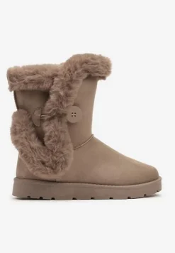 Ciemnobeżowe Śniegowce na Płaskiej Podeszwie z Futerkiem Seanira