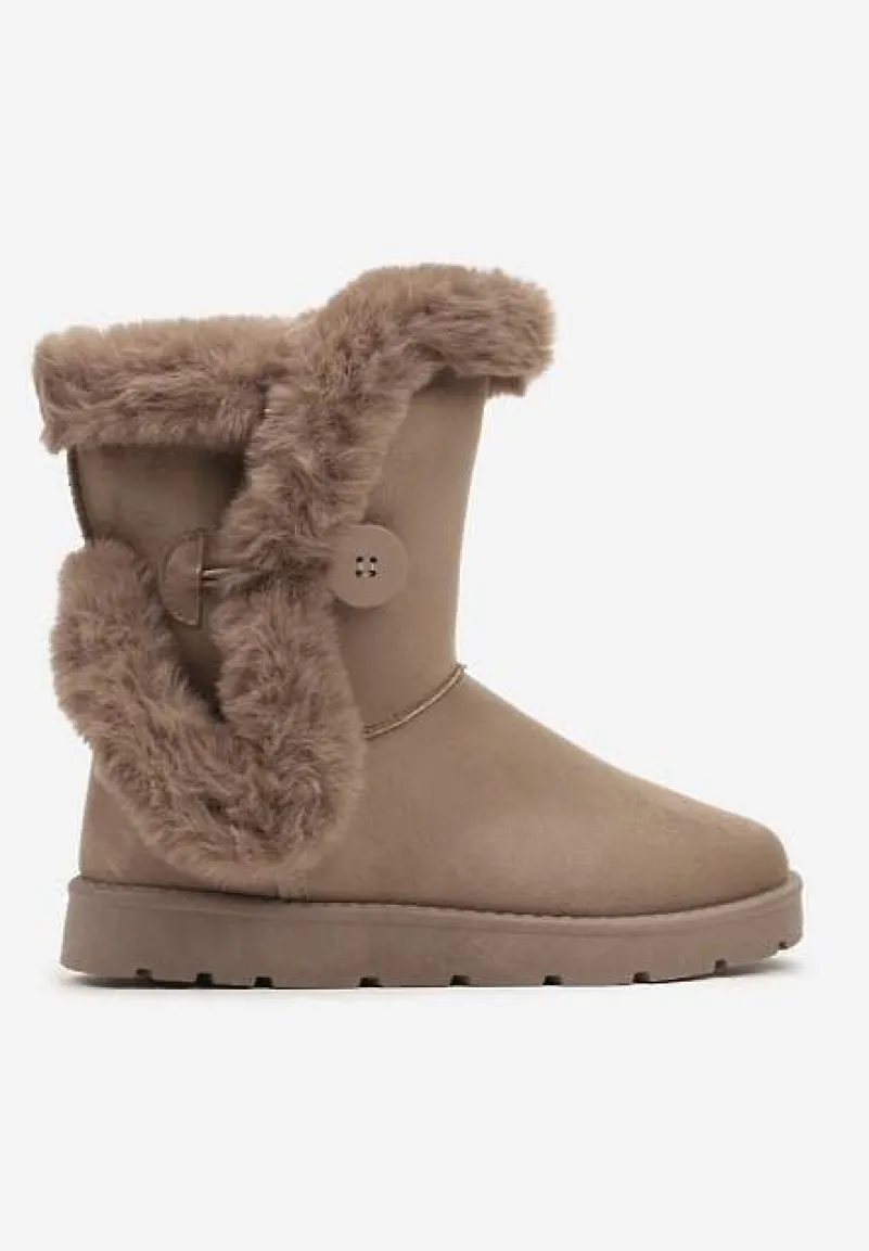 Ciemnobeżowe Śniegowce na Płaskiej Podeszwie z Futerkiem Seanira