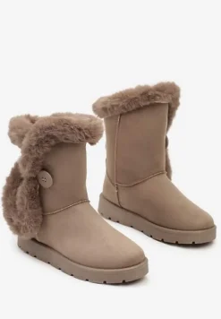 Ciemnobeżowe Śniegowce na Płaskiej Podeszwie z Futerkiem Seanira