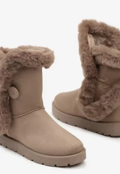 Ciemnobeżowe Śniegowce na Płaskiej Podeszwie z Futerkiem Seanira