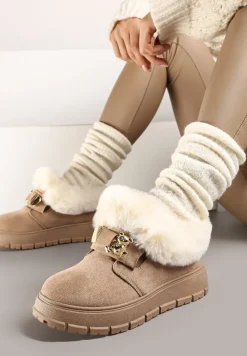 Ciemnobeżowe Śniegowce na Platformie z Metaliczną Aplikacją i Klamrą Izareth