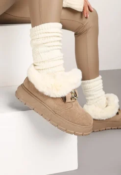 Ciemnobeżowe Śniegowce na Platformie z Metaliczną Aplikacją i Klamrą Izareth