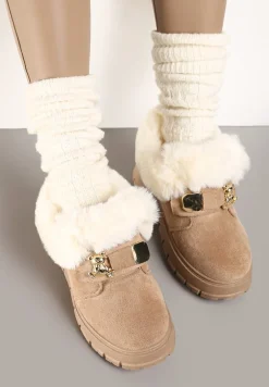 Ciemnobeżowe Śniegowce na Platformie z Metaliczną Aplikacją i Klamrą Izareth