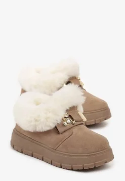 Ciemnobeżowe Śniegowce na Platformie z Metaliczną Aplikacją i Klamrą Izareth