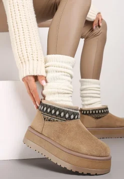 Ciemnobeżowe Śniegowce na Wysokiej Platformie Ozdobione Wzorzystą Wstawką Sinalora