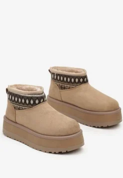 Ciemnobeżowe Śniegowce na Wysokiej Platformie Ozdobione Wzorzystą Wstawką Sinalora