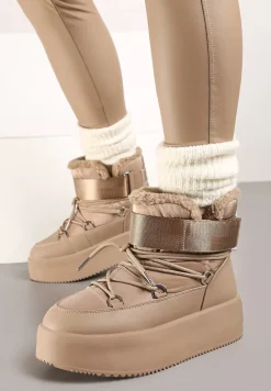 Ciemnobeżowe Śniegowce na Wysokiej Platformie z Futerkiem i Zapięciem na Rzep Norielia