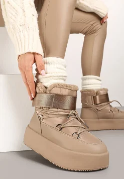 Ciemnobeżowe Śniegowce na Wysokiej Platformie z Futerkiem i Zapięciem na Rzep Norielia