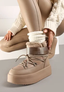 Ciemnobeżowe Śniegowce na Wysokiej Platformie z Futerkiem i Zapięciem na Rzep Norielia