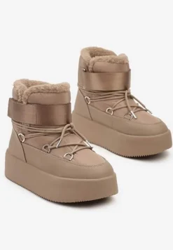 Ciemnobeżowe Śniegowce na Wysokiej Platformie z Futerkiem i Zapięciem na Rzep Norielia