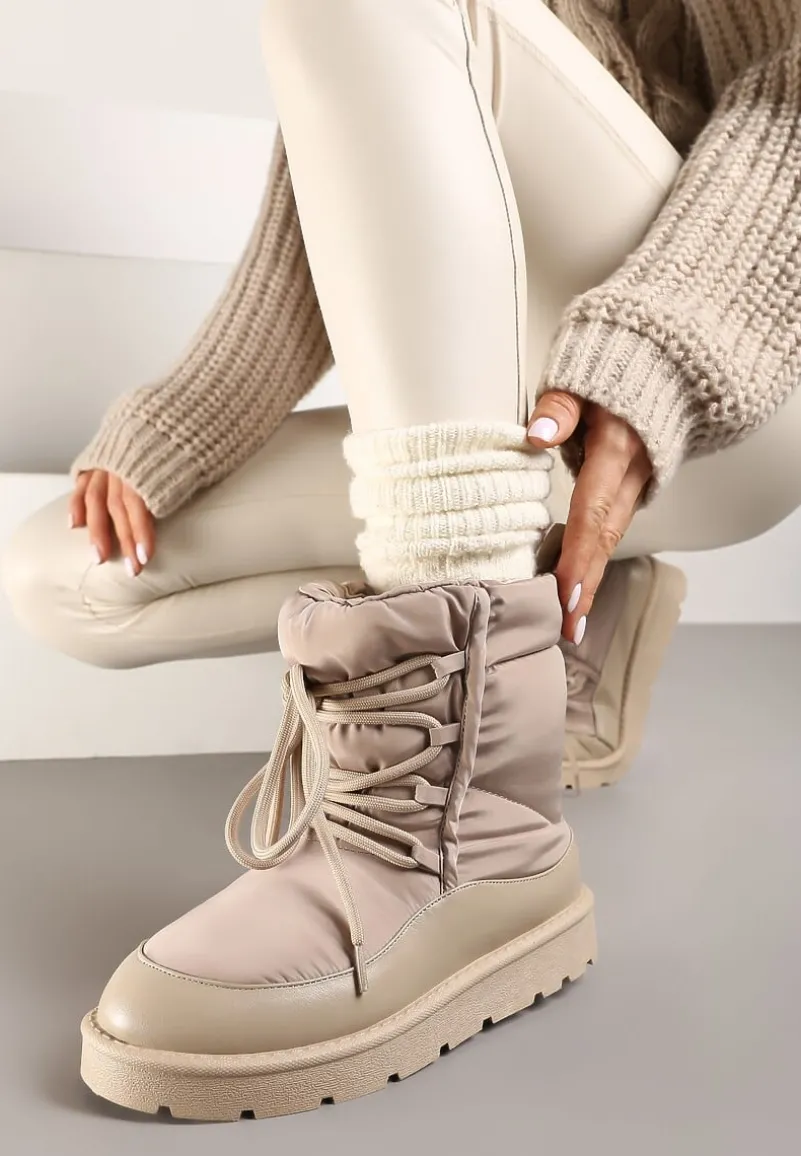 Ciemnobeżowe Śniegowce Ozdobione Sznurówkami Vortitha