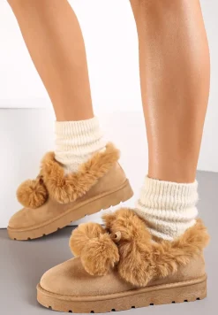 Ciemnobeżowe Śniegowce przed Kostkę na Platformie z Futerkiem Tolonno