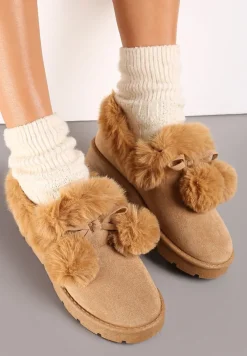 Ciemnobeżowe Śniegowce przed Kostkę na Platformie z Futerkiem Tolonno