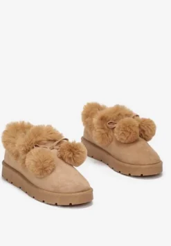 Ciemnobeżowe Śniegowce przed Kostkę na Platformie z Futerkiem Tolonno