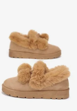 Ciemnobeżowe Śniegowce przed Kostkę na Platformie z Futerkiem Tolonno