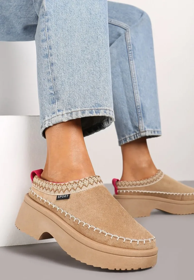 Ciemnobeżowe Śniegowce Wsuwane z Krótką Cholewką i Niską Platformą Clorira