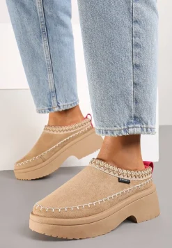 Ciemnobeżowe Śniegowce Wsuwane z Krótką Cholewką i Niską Platformą Clorira