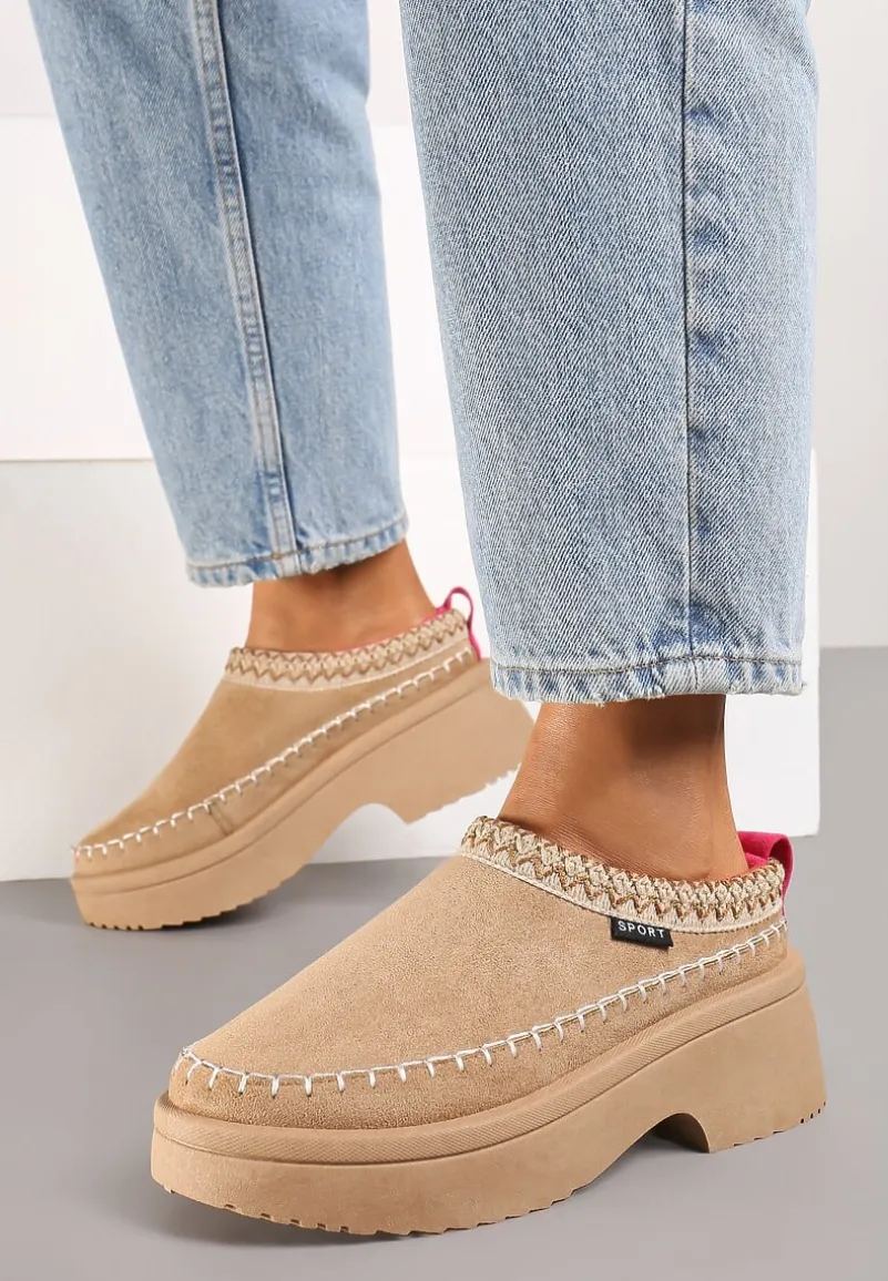 Ciemnobeżowe Śniegowce Wsuwane z Krótką Cholewką i Niską Platformą Clorira