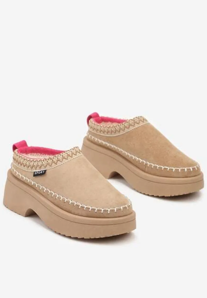 Ciemnobeżowe Śniegowce Wsuwane z Krótką Cholewką i Niską Platformą Clorira