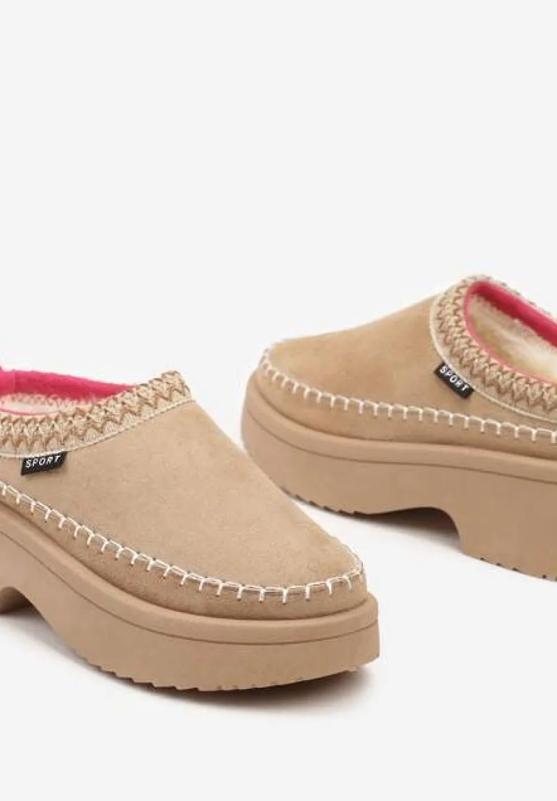 Ciemnobeżowe Śniegowce Wsuwane z Krótką Cholewką i Niską Platformą Clorira