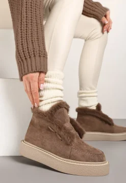 Ciemnobeżowe Śniegowce z Ekozamszu na Platformie Ozdobione Futerkiem Vairina