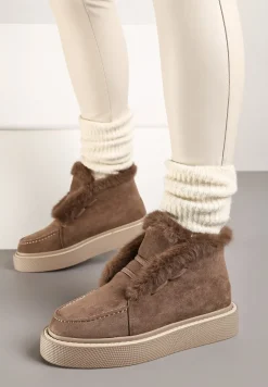 Ciemnobeżowe Śniegowce z Ekozamszu na Platformie Ozdobione Futerkiem Vairina