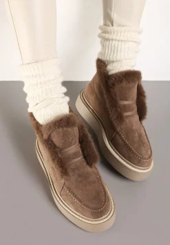 Ciemnobeżowe Śniegowce z Ekozamszu na Platformie Ozdobione Futerkiem Vairina