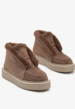 Ciemnobeżowe Śniegowce z Ekozamszu na Platformie Ozdobione Futerkiem Vairina