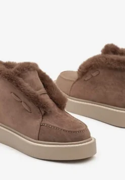 Ciemnobeżowe Śniegowce z Ekozamszu na Platformie Ozdobione Futerkiem Vairina