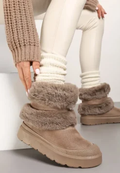 Ciemnobeżowe Śniegowce z Ekozamszu na Grubej Podeszwie z Futrzaną Wyściółką Emmizola