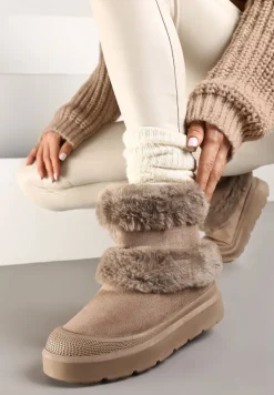 Ciemnobeżowe Śniegowce z Ekozamszu na Grubej Podeszwie z Futrzaną Wyściółką Emmizola