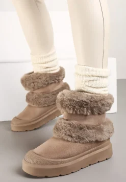 Ciemnobeżowe Śniegowce z Ekozamszu na Grubej Podeszwie z Futrzaną Wyściółką Emmizola