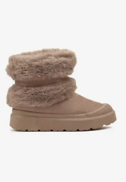 Ciemnobeżowe Śniegowce z Ekozamszu na Grubej Podeszwie z Futrzaną Wyściółką Emmizola