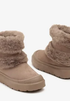 Ciemnobeżowe Śniegowce z Ekozamszu na Grubej Podeszwie z Futrzaną Wyściółką Emmizola