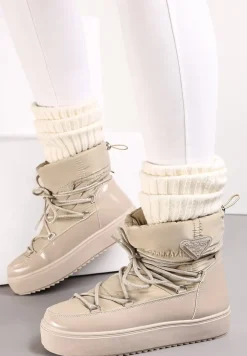 Ciemnobeżowe Śniegowce z Elastycznym Sznurowaniem Reku