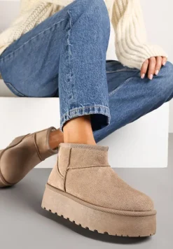 Ciemnobeżowe Śniegowce z Imitacji Zamszu na Platformie z Niską Cholewką Reanirae